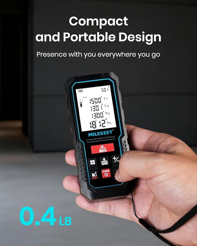 Laser Measure Device, MiLESEEY 393ft Digital Laser Tape Measure with Upgrade Electronic Angle Sensor, 2mm Accuracy, Area Measurement,Volume and Pythagoras, 2" LCD Backlit,Mute, Battery Included