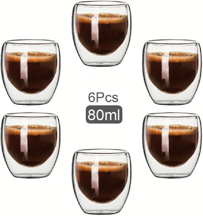 CALIDAKA 6pcs Double Walled Espresso Cups 80ml Clear Glass Modern Demitasse Coffee Mugs for Espresso, Cappuccino, Tea
