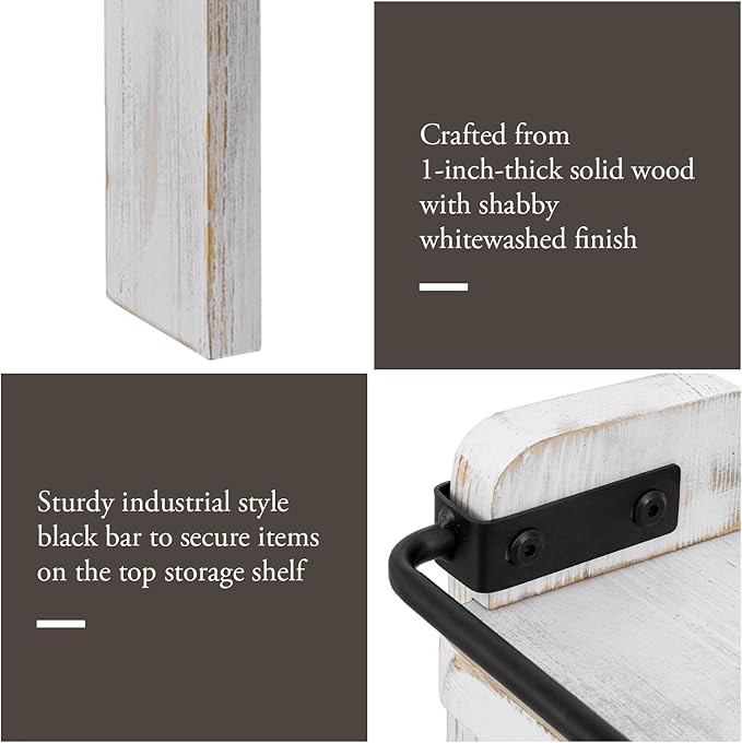 MyGift 33 Inch Wide Over The Stove Top Spice Shelf, Shabby White Washed Solid Wood and Industrial Black Metal Space Saving Stovetop Range Storage Display Rack