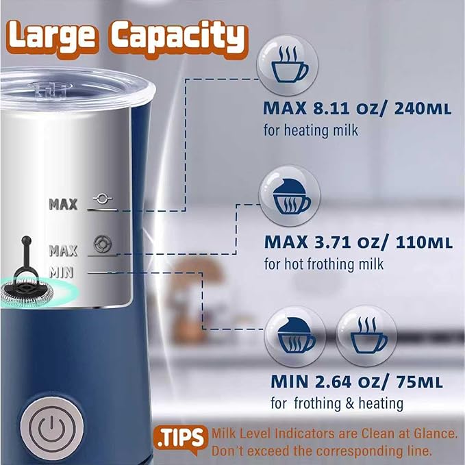 Simple Milk Frother, 2 in 1 Milk Steamer and Frother, Electric Milk Steamer, Milk Warmer and Hot Milk Foam Maker for Latter, Macchiato, Cappuccinos，Blue