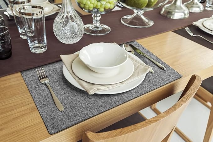 homing Cotton Linen Placemats Set of 8, Cloth Washable Farmhouse Dining Table Mats for Indoors & Outdoors, Easy to Clean, Dark Grey, 13 x 19 Inch