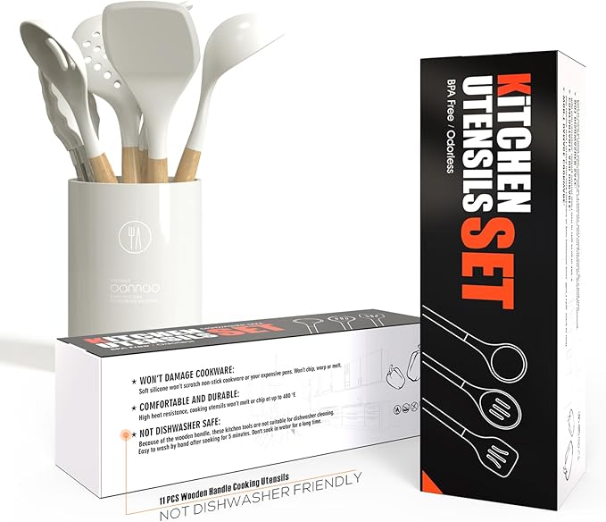oannao Silicone Cooking Utensils Set - 446°F Heat Resistant Silicone Kitchen Utensils for Cooking,Kitchen Utensil Spatula Set w Wooden Handles for Non-Stick Cookware, BPA FREE (Cream White)