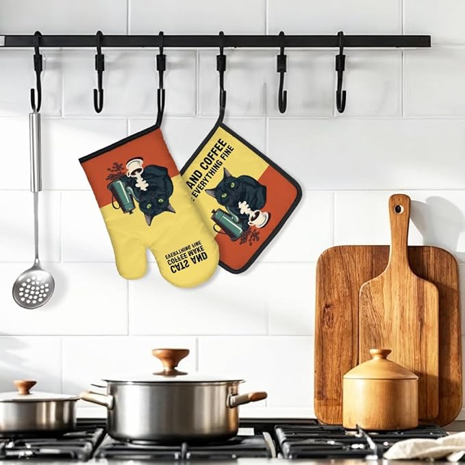 DYJYBMY Cats and Coffee Make Everything Fine Funny Cat Oven Mitts and Pot Holder Set, Funny Kitchen Gadgets for Women Coffee Lover, Bake Lover Gifts for Hostess, Cat Lover Gifts for Mom Sister BFF