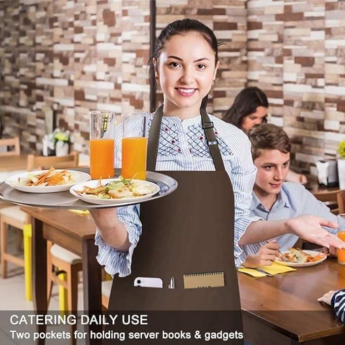 Jubatus 2 Pack Bib Aprons with 2 Pockets Cooking Chef Kitchen Apron for Women Men, Brown