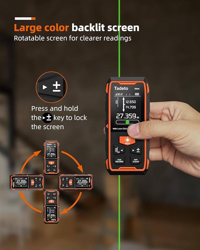 Tadeto Dual Laser Measuring Tool, 393FT/120M Bilateral Laser Measurement Tool Backlit LCD Display, Rechargeable Laser Measure with Ft/in/M Multiple Units Length/Area/Volume/Angle
