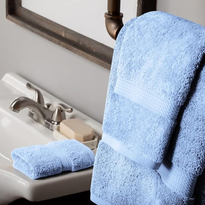 SUPERIOR Egyptian Cotton Pile 3 Piece Towel Set, Includes 1 Bath, 1 Hand, 1 Face Towel/Washcloth, Ultra Soft Luxury Towels, Thick Plush Essentials, Guest Bath, Spa, Hotel Bathroom, Light Blue