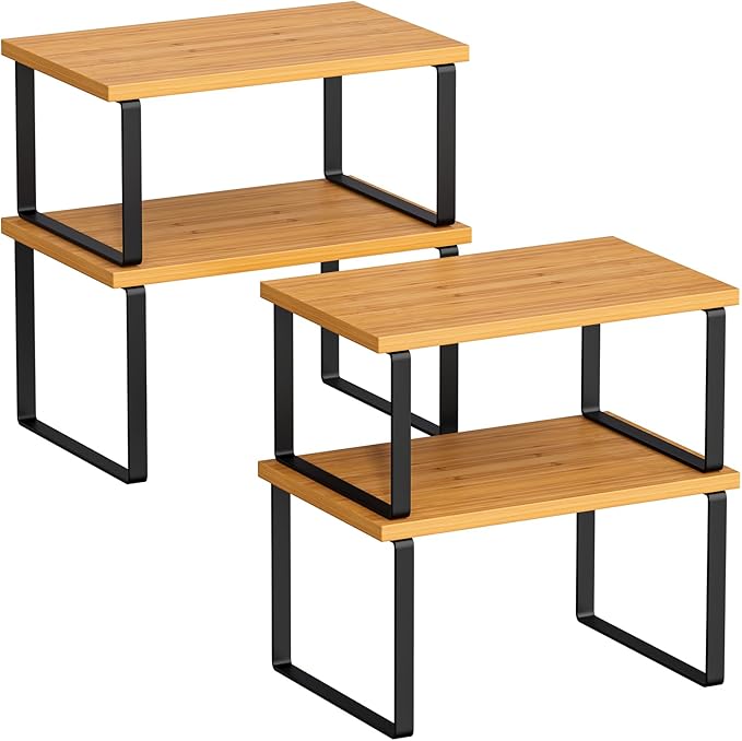 Cabinet Organizer Shelf - 4 Pack Wood Kitchen Organizer, Upgraded Cabinet Organizer Shelf for Kitchen Storage, Countertop, Spice Rack, Stackable, Expandable, Ink Black and Natural Beig