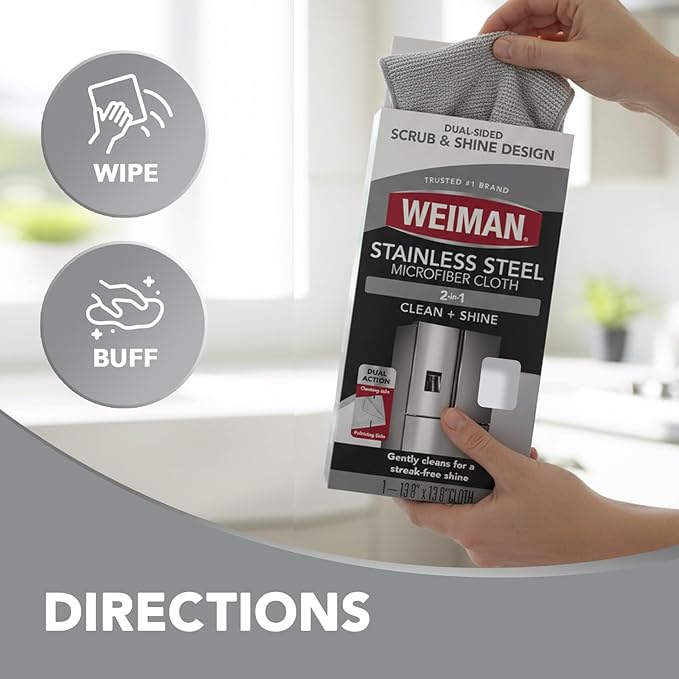 Weiman Microfiber Cloth for Stainless Steel - Safely Traps and Removes Dirt, Oil and Grime to Protect From Scratches 1.40" x 3.56"