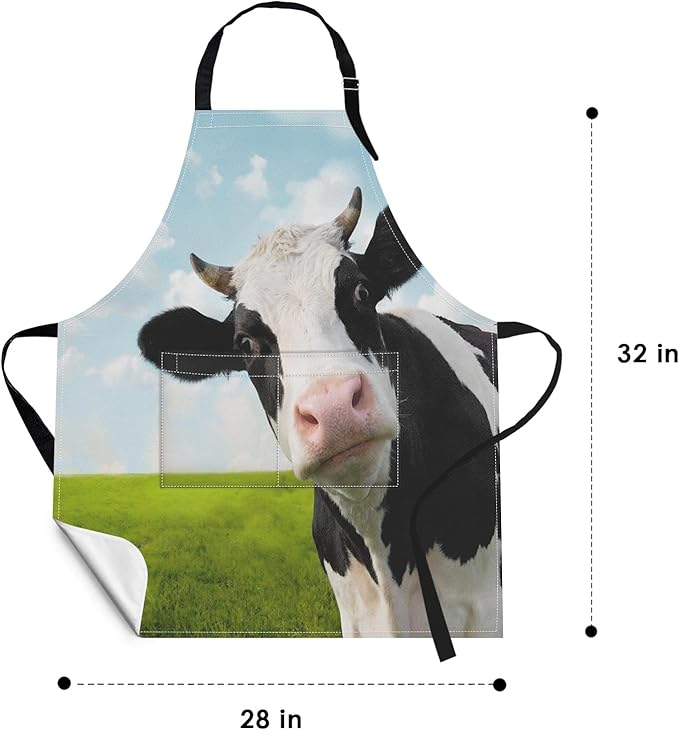 Britimes Apron Home Kitchen Waterproof Cooking Baking Gardening for Women Men With Pockets Funny Cow On Green Grassland 32x28 inch