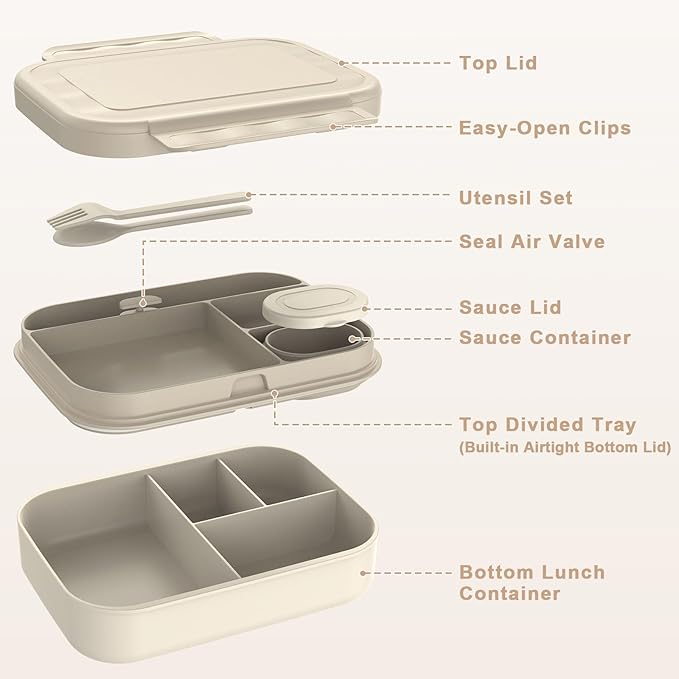 Caperci Stackable Bento Lunch Box for Adult & Teens - Reinforced Leak-Proof Lunch Container 4-Compartment with Utensils & Sauce Container, BPA-Free, Dishwasher/Microwave Safe, 47oz (Pale Mocha)