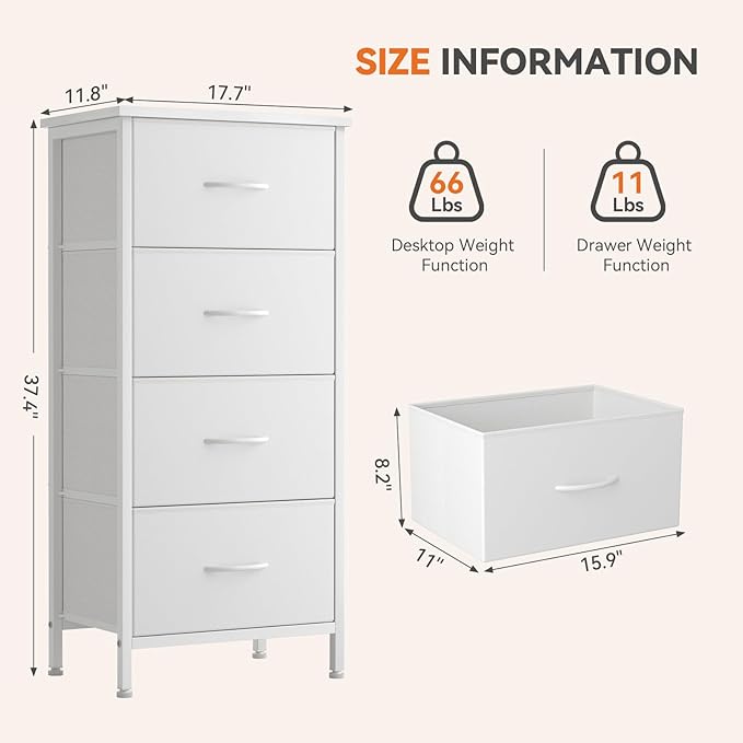 Sweetcrispy 4 Fabric Drawer Small Dresser, Bedside Nightstand with Wooden Top Sturdy Frame, Entryway Closet Bedroom Storage Cabinet Furniture for Dorm,White