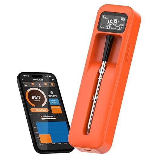 Smart Wireless Digital Meat Thermometer with Ceramic Probe, Food Thermometer Standalone Display Base 3000FT Range Real-time Monitoring ±0.5°F Accuracy,for BBQ/Oven/Grill/Smoker/Air Fryer