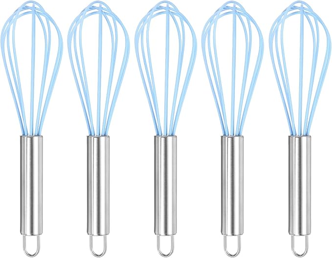 HARFINGTON 5Pcs Silicone Whisk 8" Kitchen Whisk Wire Whisks Beater with Stainless Steel Handle for Egg Milk Whisking Blending Beating & Stirring, Blue