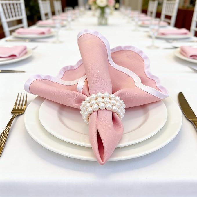Scallop Linen Napkins Set of 8-Linen Blended Napkins,Pink and White Dinner Napkins Cloth 17 Inch - Giselle Scallop Edge, Handcrafted and Machine Washable - Easter, Spring