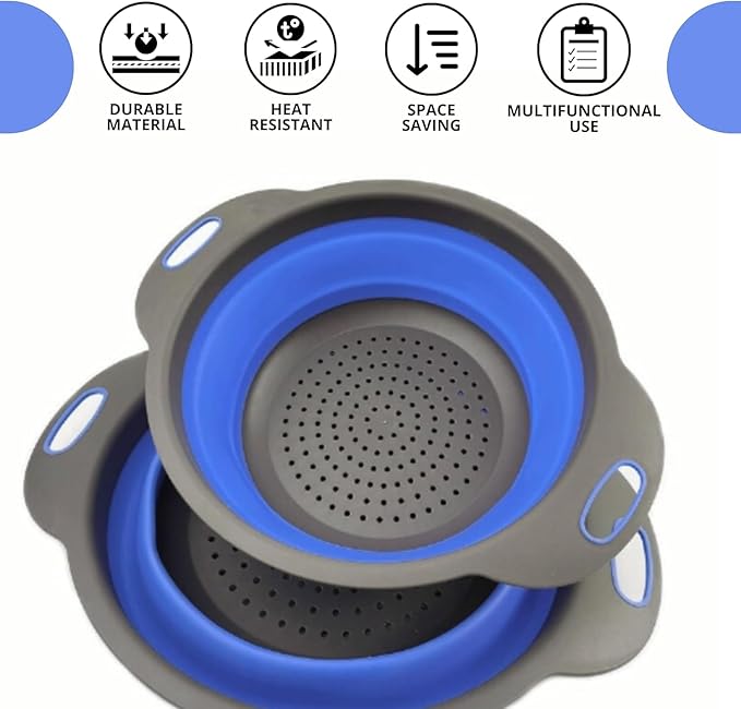 Blue Round Silicone Collapsible Colander – Silicone Round Kitchen Strainers with Plastic Handles Foldable Small Kitchen Strainer Perfect for Draining Pasta Vegetable and Fruit