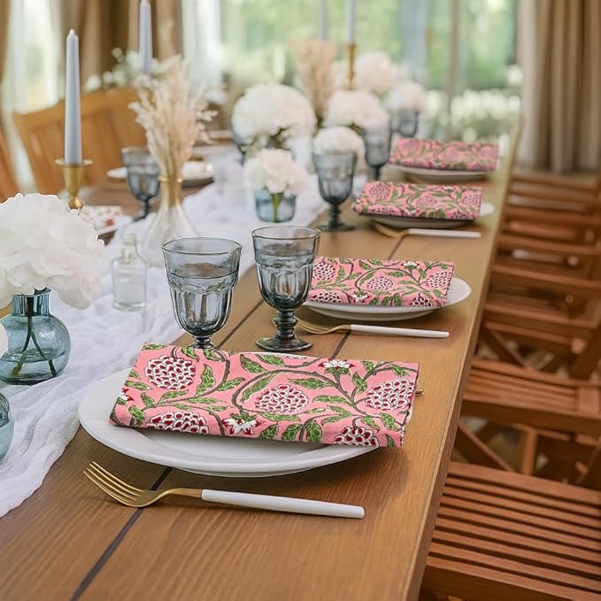 Ridhi Strawberry Pink Hand Block Print 100% Cotton Napkins 18" x 18" (Set of 4) Reuseable Kitchen Napkins Cloth Decor Dinner Party Wedding Cocktail Gift for Spring, Easter, Valentine