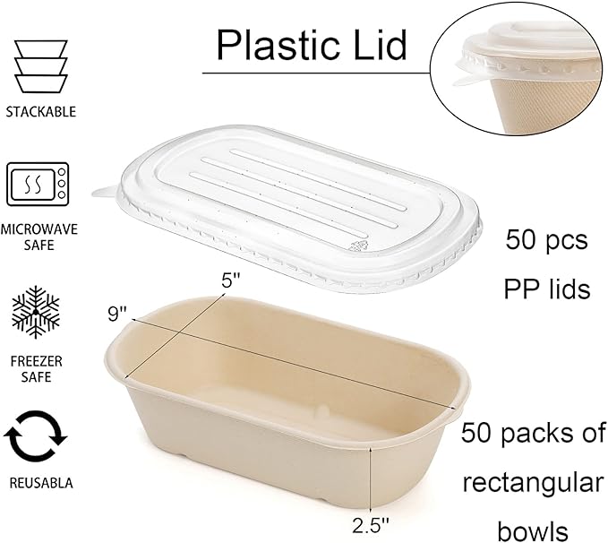 Yesland 50 Pack Take Out Food Containers with PP Lid, 33 Oz Rectangular Disposable Paper Bowls Soup Serving Bowls, Meal Prep Food Containers for Salad, Leftovers