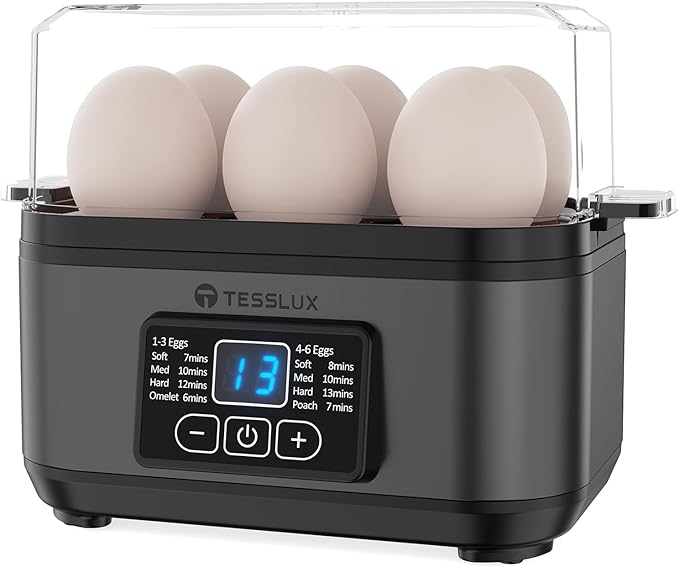 Tesslux Electric Rapid Egg Cooker, 6 Egg Capacity for Hard Boiled Eggs, Poached Eggs, Scrambled Eggs, or Omelets Maker with Auto Shut Off (Gray)