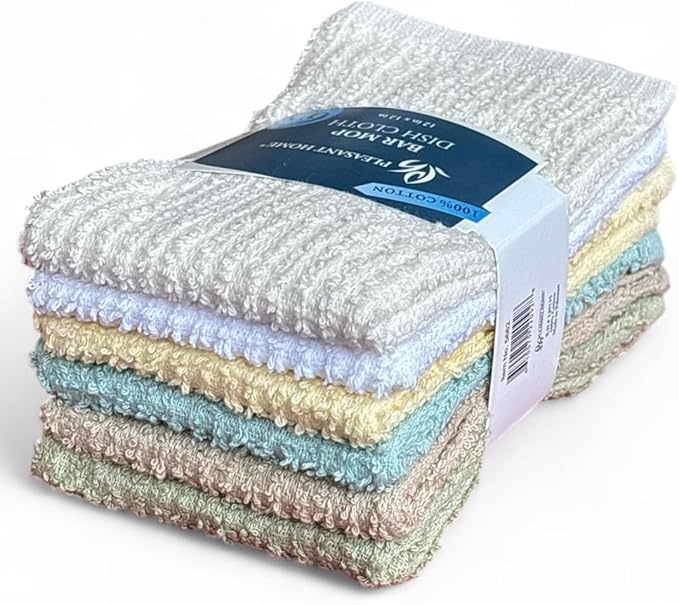 12-Pack, 100% Cotton Ribbed Bar Mops Dish Cloths, Dish Towels, Super Absorbent, Multi-Purpose for Home, Kitchen, and Bar Cleaning. Size: 12 x 12 Inches.