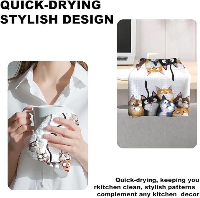 2 Pcs Cute Cat Kitchen Towels, Cats Soft Absorbent Hand Tea Towel, Microfiber Dish Cloths for Drying Dishes, Waffle Dish Towels for Kitchen Home Bathroom Decor, Cat Lover Gifts for Women Mom