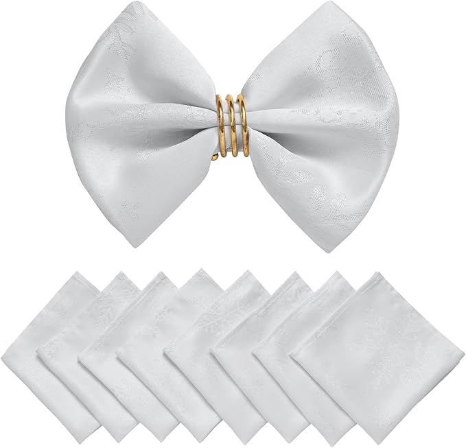 Cloth Napkins Set of 8–Square Jacquard sparkling metallic snowflake Fabric Polyester Washable Reusable Cloth Napkins for Kitchen Dinner Dining Restaurant Wedding Table(White Silver/17x17 Inch)