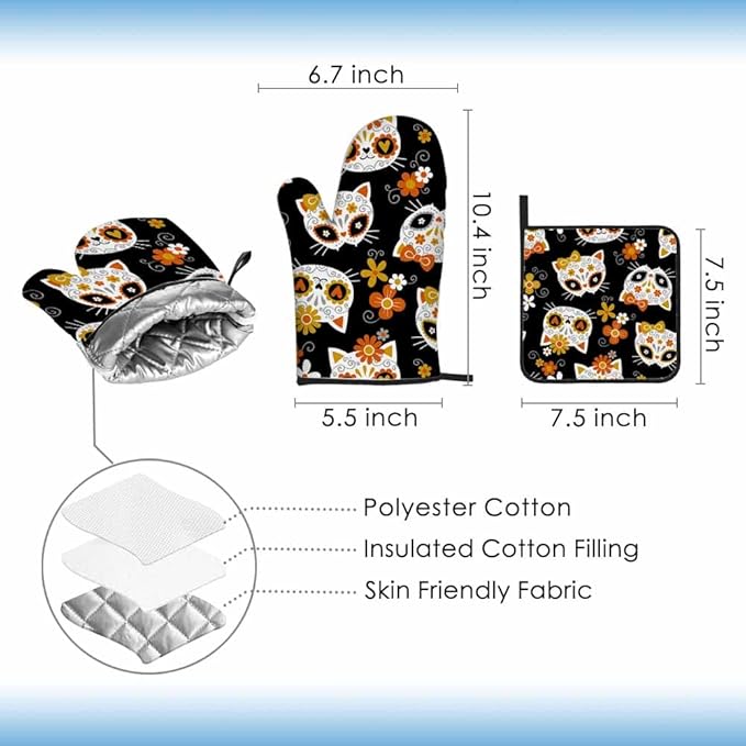 Cat Floral Skulls Oven Mitts and Pot Holders Sets Lovely Animal Head Funny Heat Resistant 3pcs for Cooking Baking BBQ