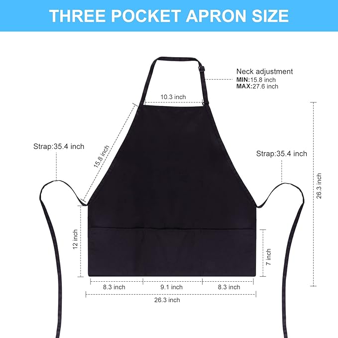 Jubatus 2 Pack 3 Pockets 100% Cotton Adjustable Bib Apron Chef Kitchen Cooking Aprons for Women Men, Black
