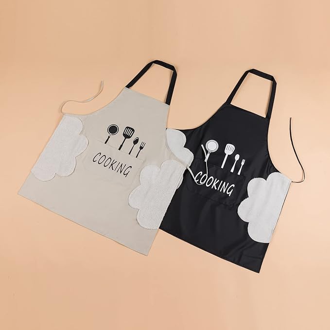 2 Pack Kitchen Apron with Hand Wipe,Water-drop Resistant with 2 Pockets Cooking Bib Aprons for Women Men Chef
