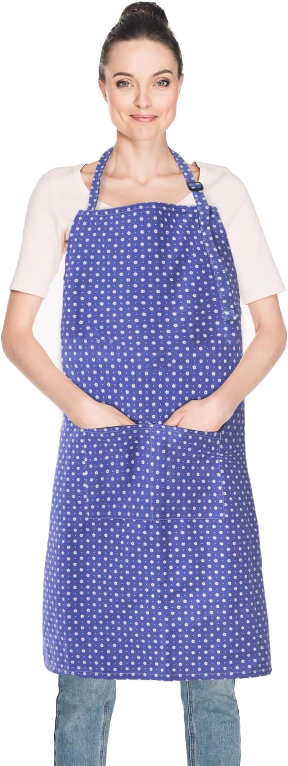 Aprons for Women with 2 Pockets, Adjustable Floral Cotton Kitchen Apron for Cooking Baking,Chef Apron, Artist or Garden Apron (Blue Floral)