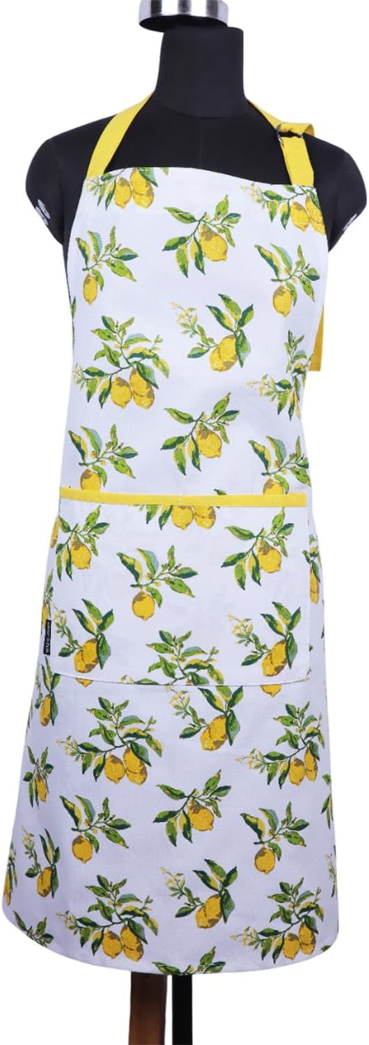 AMOUR INFINI Cotton Aprons for Women with Pockets Adjustable Strap and Waist Ties Washable Printed Aprons for Baking, Cooking, Gardening (27.5 x 33 Inches - Lemon Print)