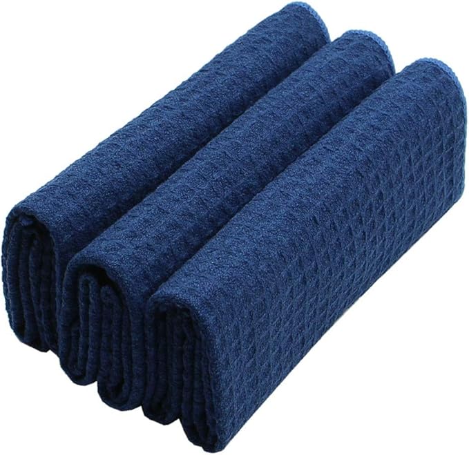 Waffle Weave Kitchen Towels - Thick Microfiber Absorbent Tea & Dish Drying Towels - Lint Free - 16Inch x 24Inch - 3 Pack Navy Blue