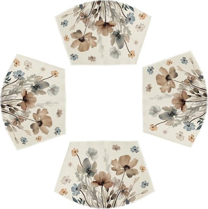 Artoid Mode Brown Poppy Floral Round Table Wedge Placemats Set of 4, Seasonal Kitchen Dining Table Decoration for Indoor Party Home