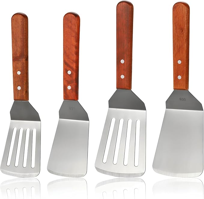 Pumtus 4 Pack Stainless Steel Spatula Set, 2 Sizes Metal Spatulas for Kitchen Use, Hevy Duty Solid & Slotted Turner with Wooden Handle, Flat Top Grill Spatula for Egg, Hamburger, Fish, Cooking, BBQ