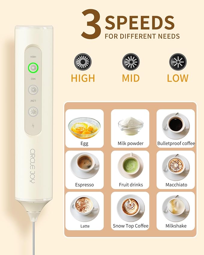 CIRCLE JOY Rechargeable Handheld Milk Frother Wand with 3 Variable Speeds, 3 Whisks and Storage Box, Electric Drink Mixer for Latte, Cappuccino, Hot Chocolate, Eggs and Protein Powder, Beige