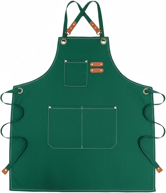 Chef Apron with Large Pockets for Women Men, Cotton Canvas Cross Back Water Repellent Adjustable Work Apron