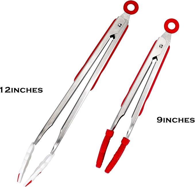Kitchen Tongs, Premium Stainless Steel, Food-Grade Silicone Tips with Christmas Design, Heat Resistant 500ºF, 2-Piece Set (9'' and 12'')