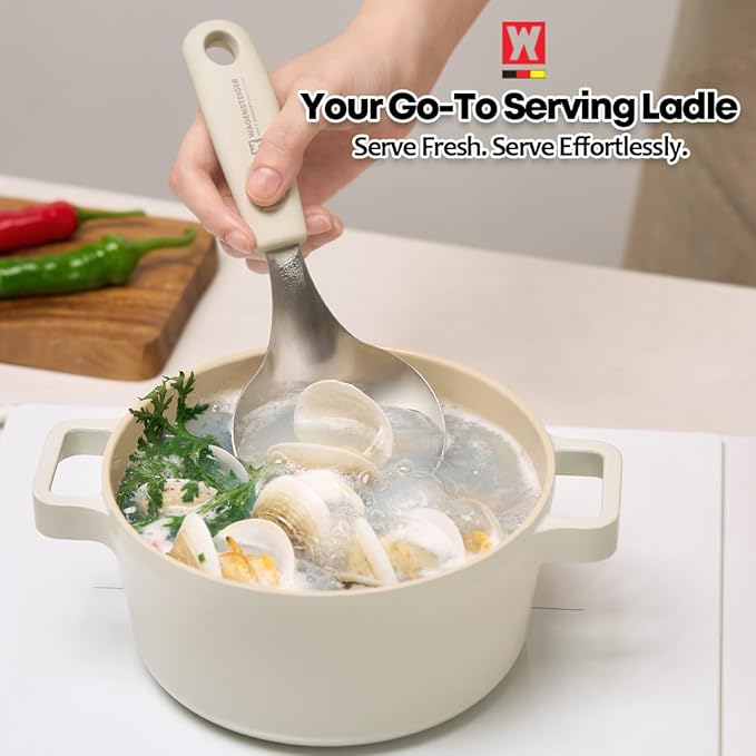 Short Stainless Steel Ladle 220mm (8.6”) – SUS304 Thick Deep Bowl Head with Soft-Grip Silicone Handle – Lightweight Mini Soup & Serving Spoon for Cooking – 5 Color Options (Ivory)