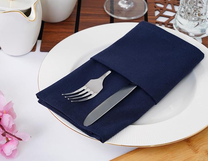 Blue Needles Solid Cloth Napkins Set of 6 Navy Blue 100% Cotton Dinner Napkins 18x18 inches - Soft, Reusable, Absorbent & Washable Linen, Ideal for Spring Summer Easter Events Parties & Everyday Use