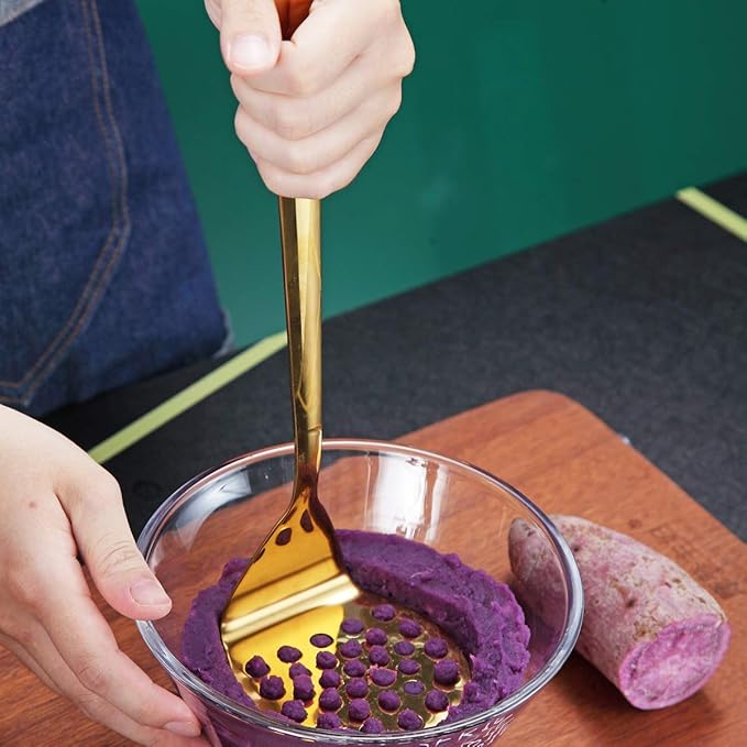 Gold Potato Masher, Berglander Heavy Duty Metal Potato Ricer Stainless Steel With Titanium Gold Plating, Food Utensil Hand, Vegetables Fruits Mashe, Dishwasher Safe, Easy to Clean