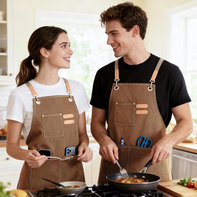 Chef Apron for Women Men with Pockets, Cotton Canvas Cross Back Adjustable Gardening Apron