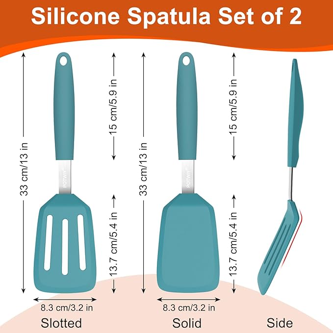 2 Pack Silicone Spatula Set, 600°F Heat Resistant Kitchen Spatula, BPA Free Solid & Slotted Turner, Flexible Cooking Utensils for Non Stick Frying Pan, Flipper for Eggs and Pancakes (Blue)
