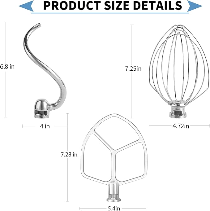 Stainless Steel 3 Piece kit Attachments，Dough Hook 6 Wire Whisk Flat Beater Compatible with KitchenAid 5 Plus -6QT Mixer，Bowl Lift Stand Mixer Accessory，Rust Resistant，Dishwasher Safe