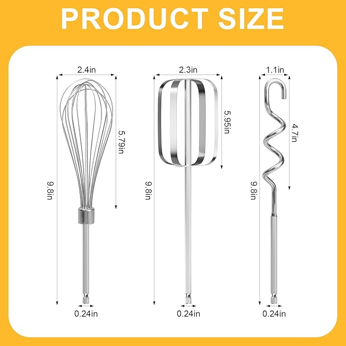 homicozy 3-Piece Stainless Steel Hand Mixer Attachment Set - Whisk, Dough Hook, Egg Beater for Drills - Dishwasher Safe, 9.8 Inch (Drill Not Included) (9.8inch)