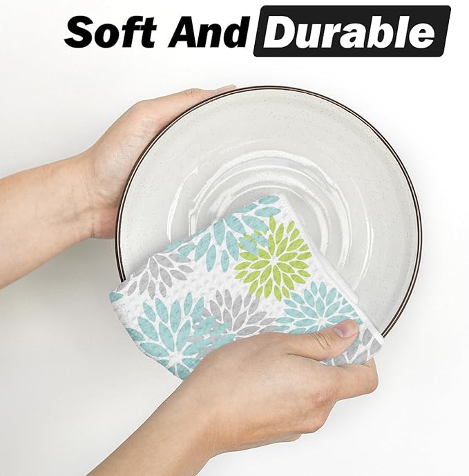 Artoid Mode Light Blue Dahlia Floral Kitchen Towels Dish Towels, 18x26 Inch Quick Dry Microfiber Cloth Hand Towels for Kitchen Drying Set of 2
