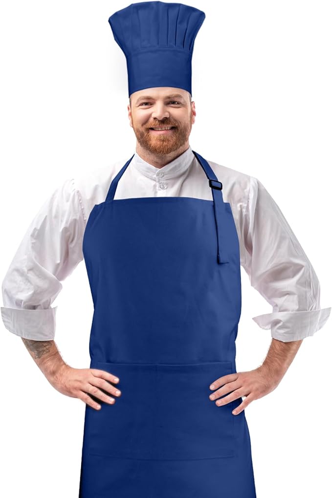 Chef Apron and Hat set, 2 Pockets Adjustable Cotton Kitchen Cooking Bib Apron, Baker Costume for Men Women