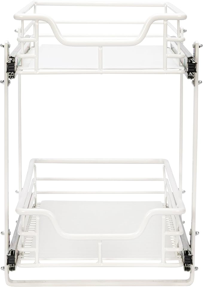 Household Essentials Glidez Multipurpose Powder-Coated Steel Pull-Out/Slide-Out Storage Organizer with Plastic Liners 2-Tier Dual-Slide Design, White