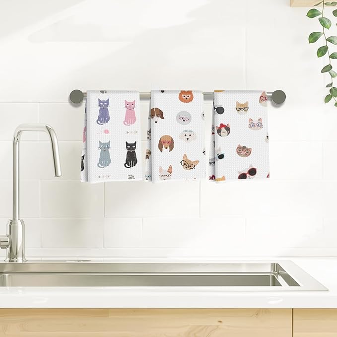 3Pcs Funny Cat Kitchen Towels, Dog Waffle Weave Dish Towels for Kitchen Bathroom Farmhouse Decor, Absorbent Microfiber Tea Cloth Hand Towel, Cat Gifts for Women Mom Friend Cat Lovers, 24x14 Inch