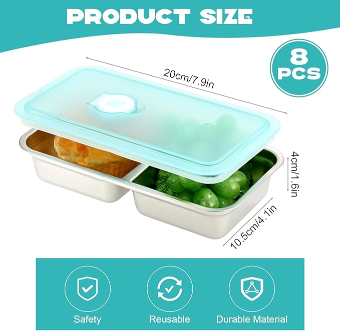 YEXEXINM 8 Pcs 30 oz Bento Boxes, 2 Compartments 304 Stainless Steel Food Storage Containers Snack Boxes with Leakproof Lids, Divided Meal Prep Lunch Box Food Container Dishwasher Safe