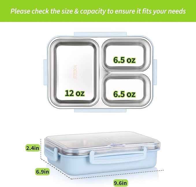 Stainless Steel Bento Box, 3 Compartments Leakproof Stainless Steel Snack Containers, 25 oz Premium 304 Metal Lunch Box for Adults, BPA-Free, Dishwasher Safe (Blue)