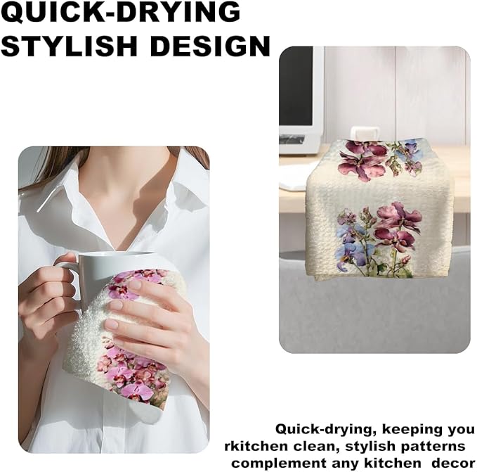 Jztco 4 Pcs Vintage Flower Kitchen Towels, Artistic Decorative Absorbent Microfiber Dish Cloth Tea Towel, Durable Waffle Hand Towels for Farmhouse Home Bathroom, Housewarming Gifts for Women